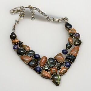 Sterling Silver Labradorite Multi Stone Statement Necklace Artisan Bib Boho 925